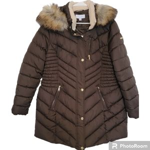 Laundry by Shelli Segal Plus Women's Brown Puffer Coat w/ Detach  Fur Hood- XXL